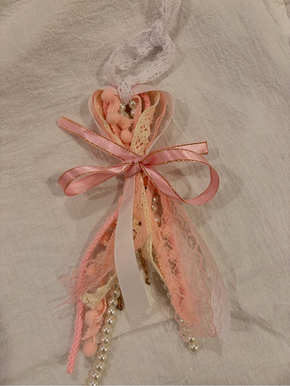 Delicate Pink Lace Ribbon Hair Charm with Pearls